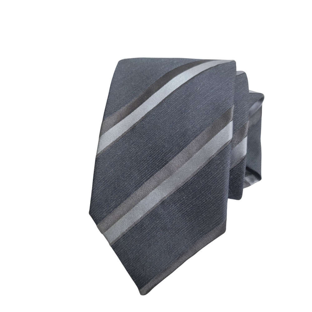 Hugo Boss Tie Gray Silver Repp Stripe Silk Wool Blend Made in Italy Designer